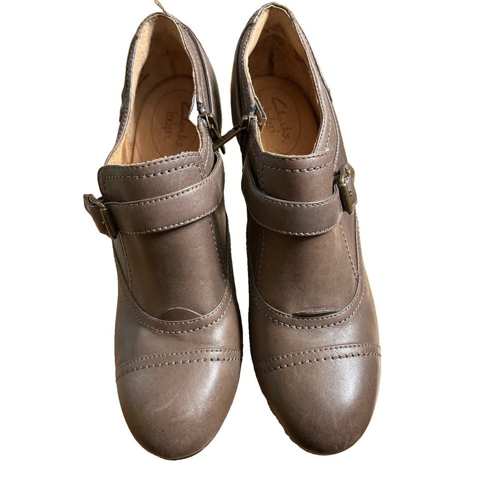 Clarks Indigo Leather Ankle Booties 9.5 M Taupe Brown Victorian Mary Jane Whimsy